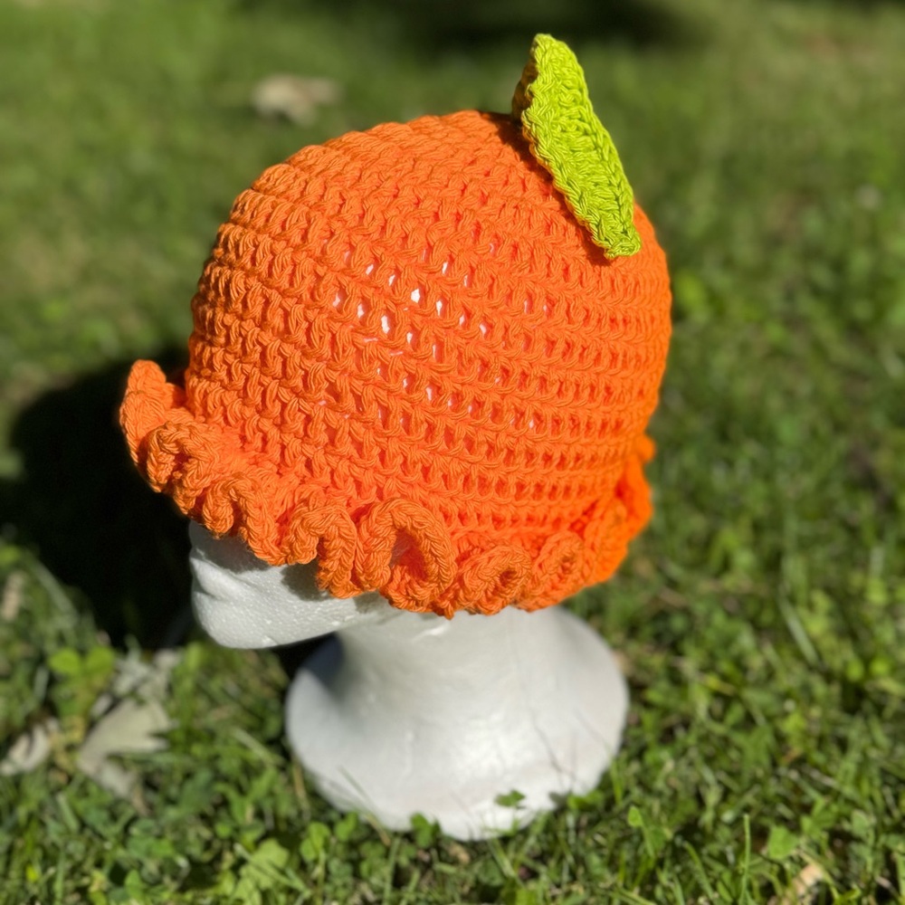 Orange fruit crochet ruffle bucket hat